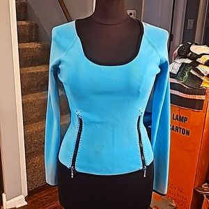 Balldini Designer Sweater, Sz 8, Blue, Bottom Front Zip, Long Sleeves
